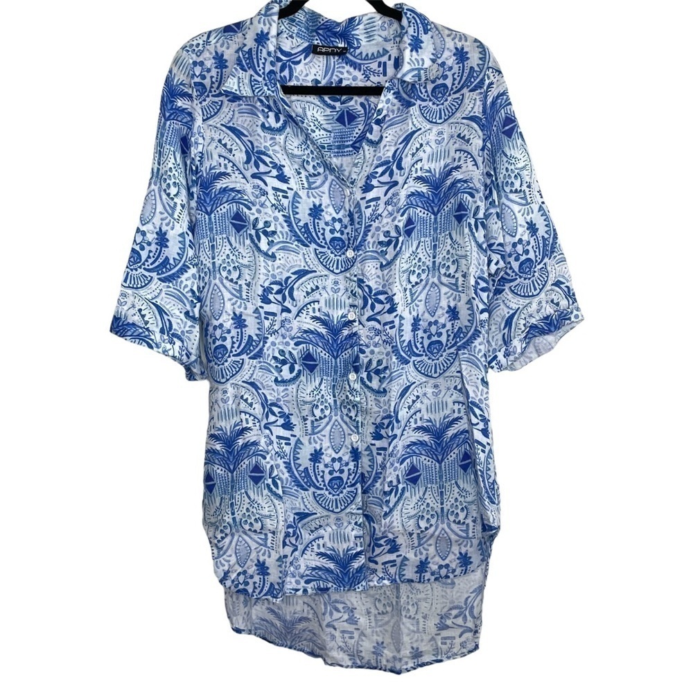 APNY 100% Linen Button Down Tunic Blue Coastal Print Size M Beachy Vacation